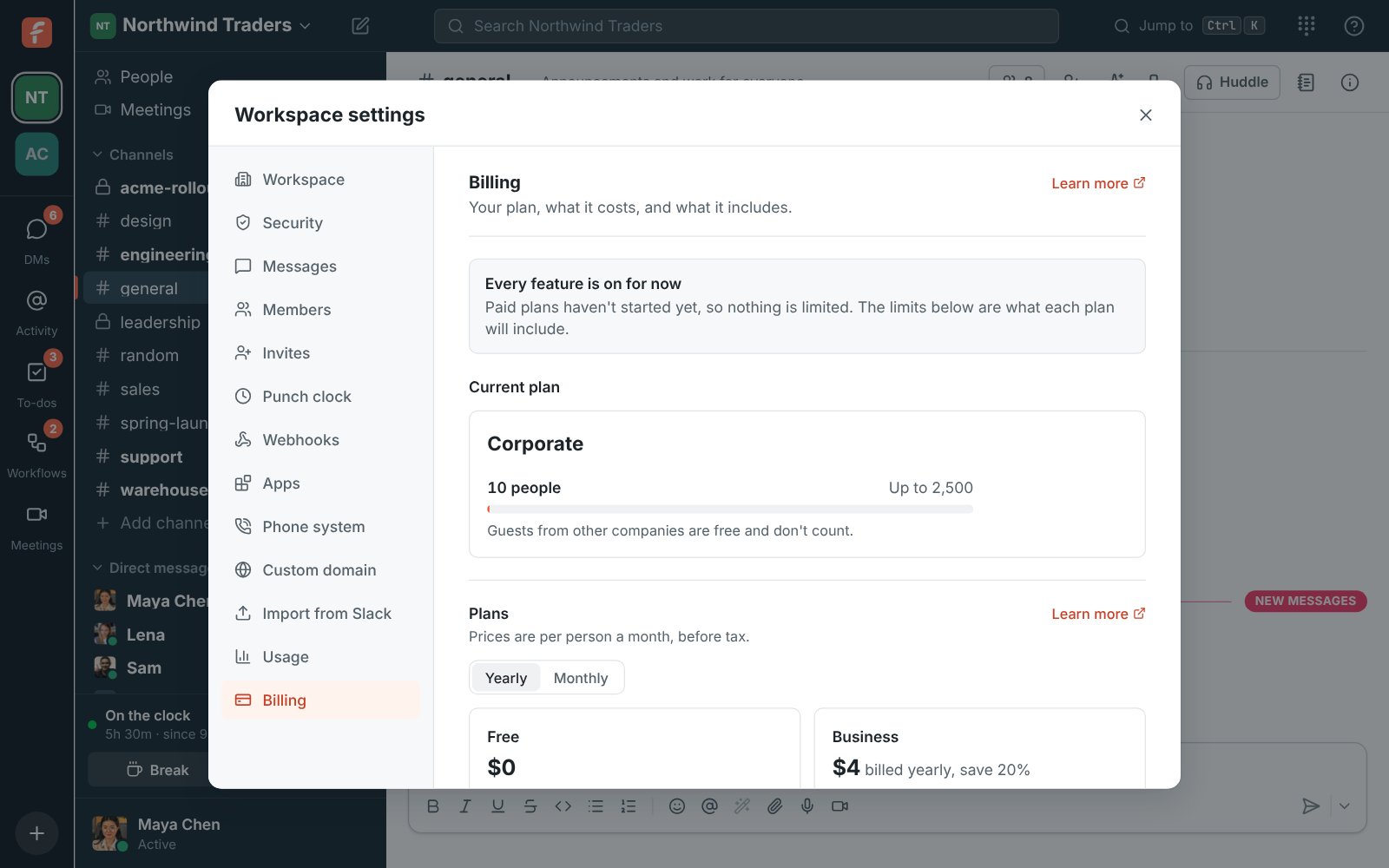 Workspace settings, Billing: the current plan, people against its limit, and the plans
