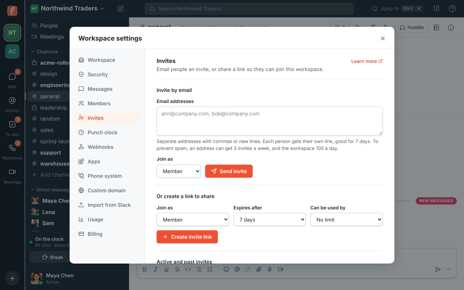 Workspace settings, Invites: invite by email or create a shareable link