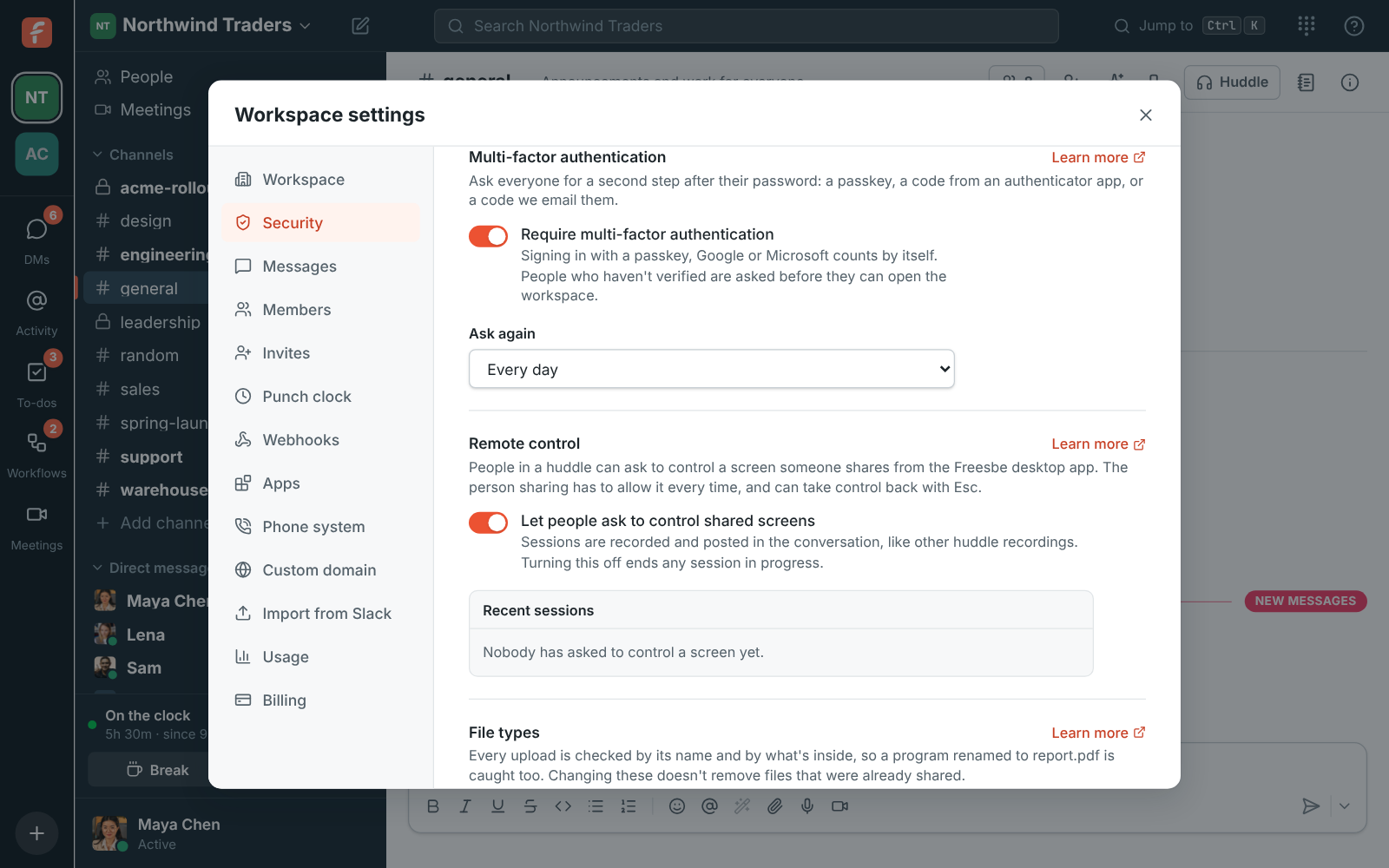 Workspace settings, Security & compliance, Sign-in: Require multi-factor authentication on, asking again every day