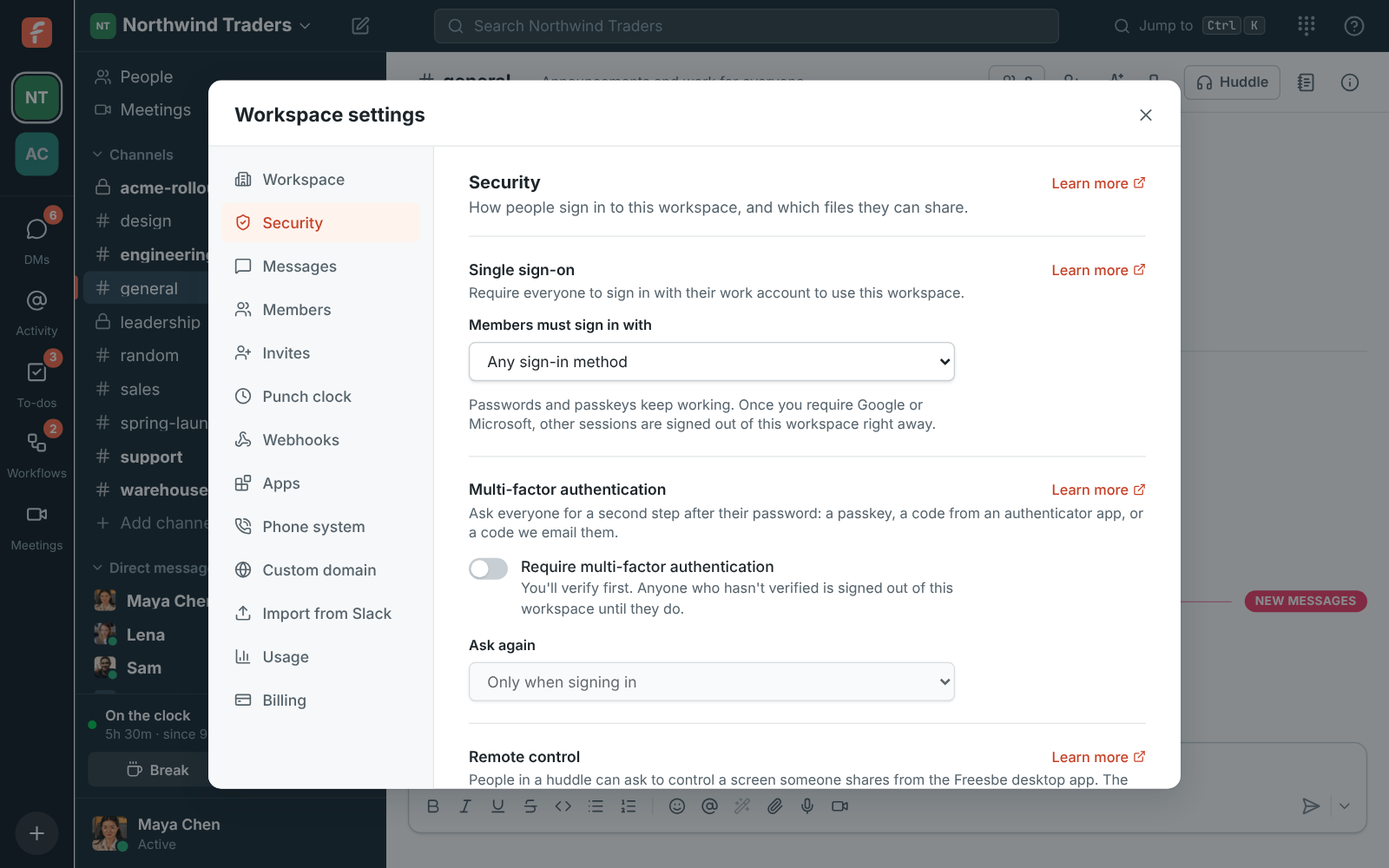 Workspace settings, Security & compliance, Sign-in: single sign-on and multi-factor authentication