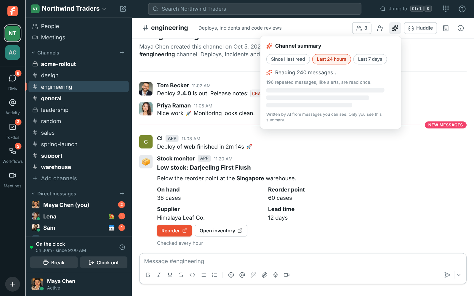 The channel summary of #engineering starting: Reading 240 messages, with 196 repeated messages like alerts read once