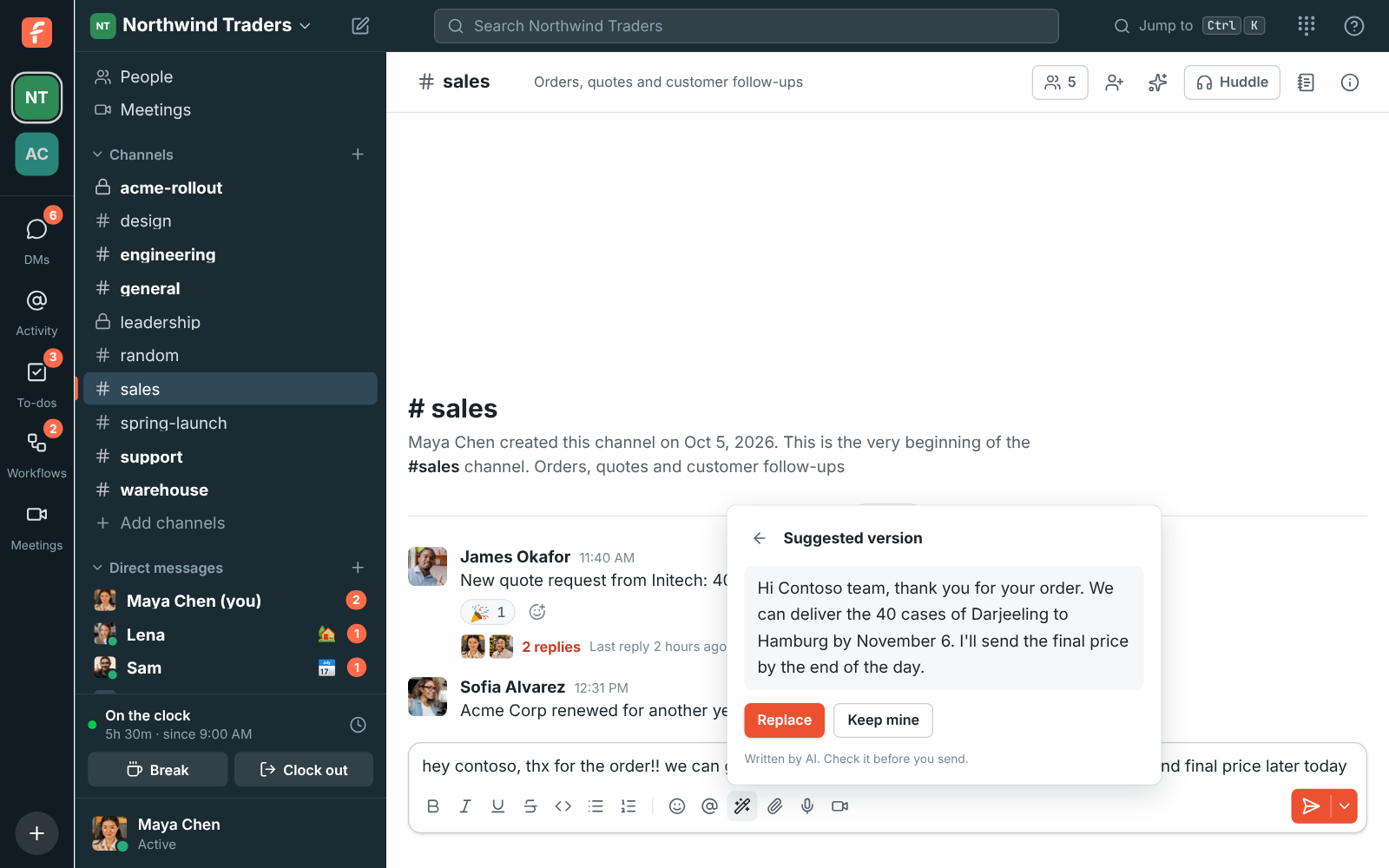 A reply to a customer with an AI suggested version, and Replace and Keep mine buttons