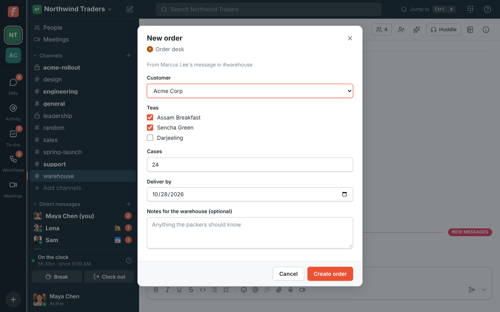 A New order dialog from Order desk asking for the customer, tea and number of cases
