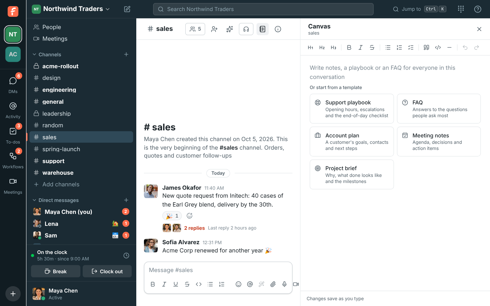 The empty canvas in #sales with five templates under it: Support playbook, FAQ, Account plan, Meeting notes and Project brief