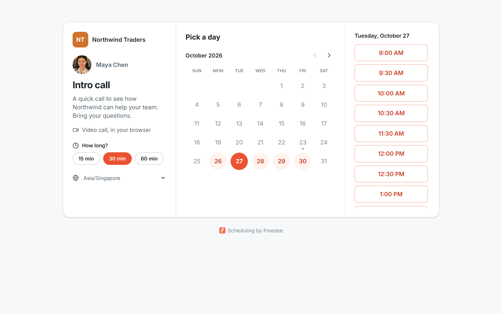 Maya’s booking page served from the workspace’s own domain: Northwind Traders, Intro call, 15, 30 or 60 minutes, a calendar for October and free times for Monday