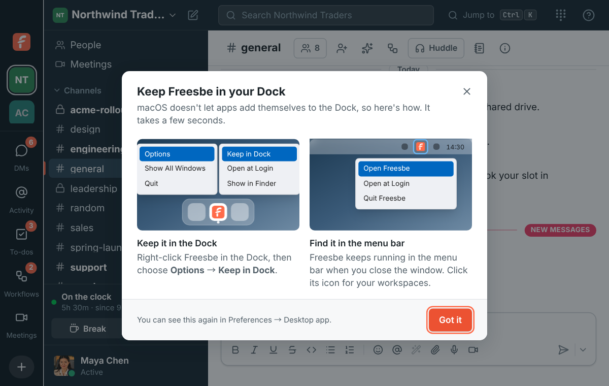 The first-launch tip on a Mac: keep Freesbe in the Dock, and find it in the menu bar
