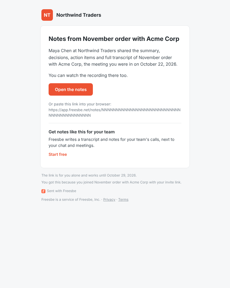 The email Gina Lopez from Acme Corp gets after the meeting: Northwind Traders’ header, a summary of what’s shared, Open the notes, and a box about getting notes like this for her own team