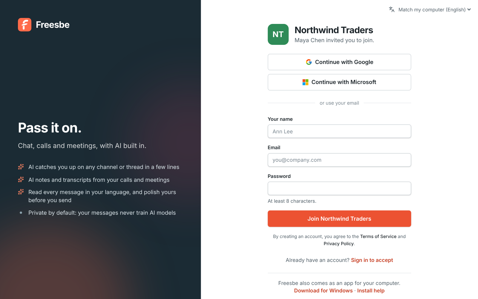The invite page: Maya Chen invited you to join Northwind Traders, with your name, email and password, and a link to the desktop app