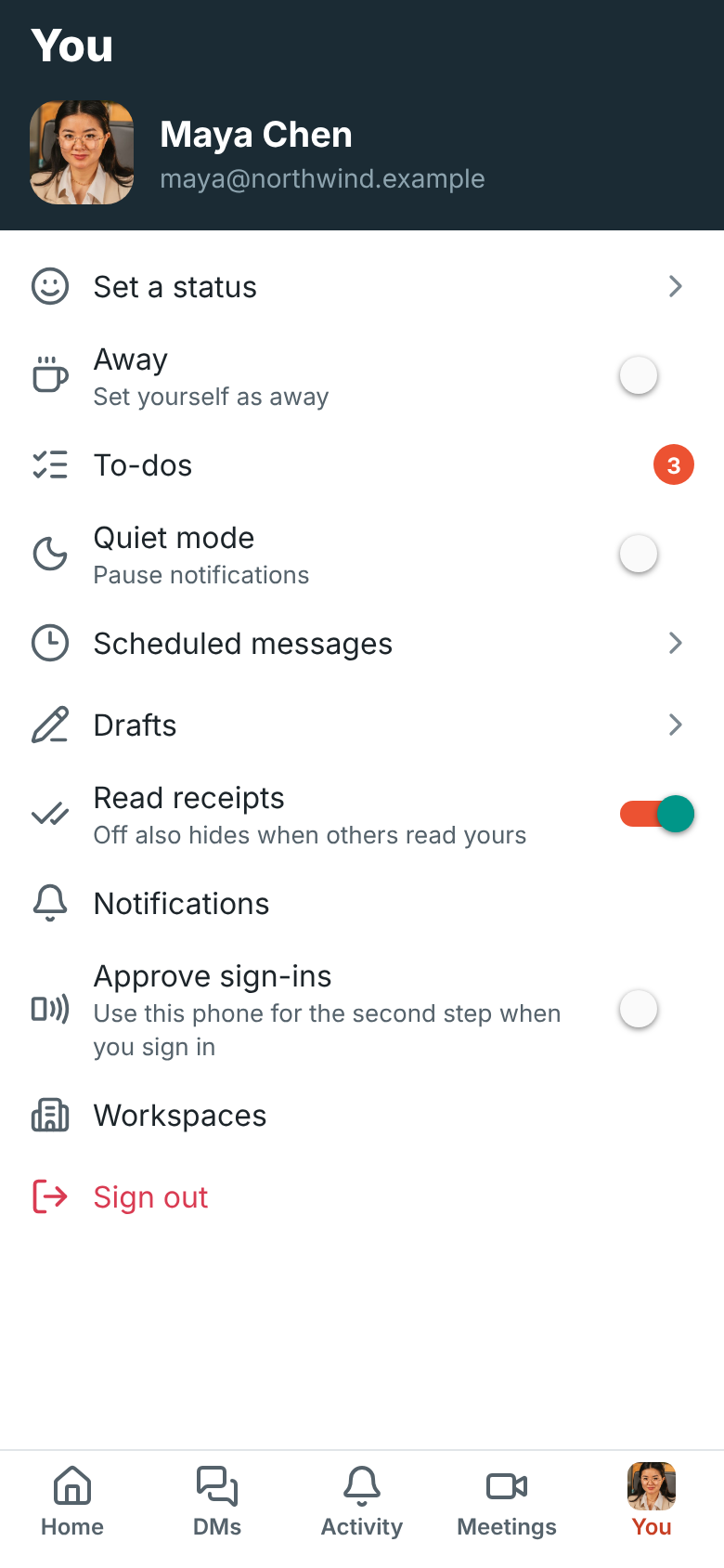 The You tab with Read receipts turned on