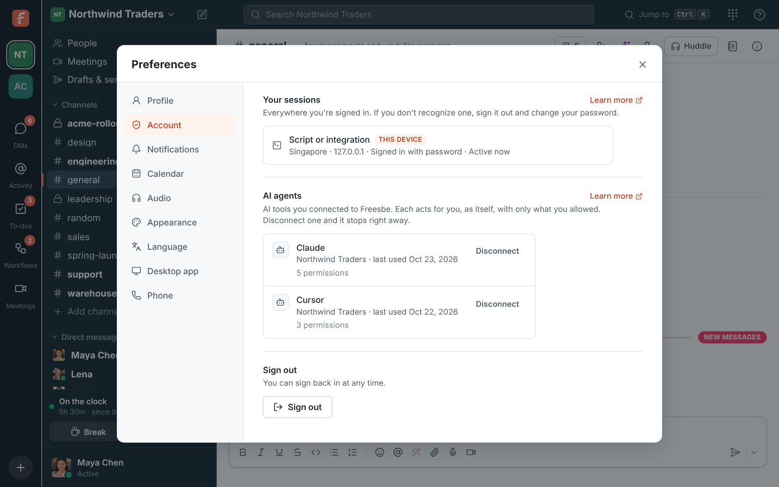 Preferences, My account, Sessions and apps: AI agents, with Claude and Cursor connected to Northwind Traders