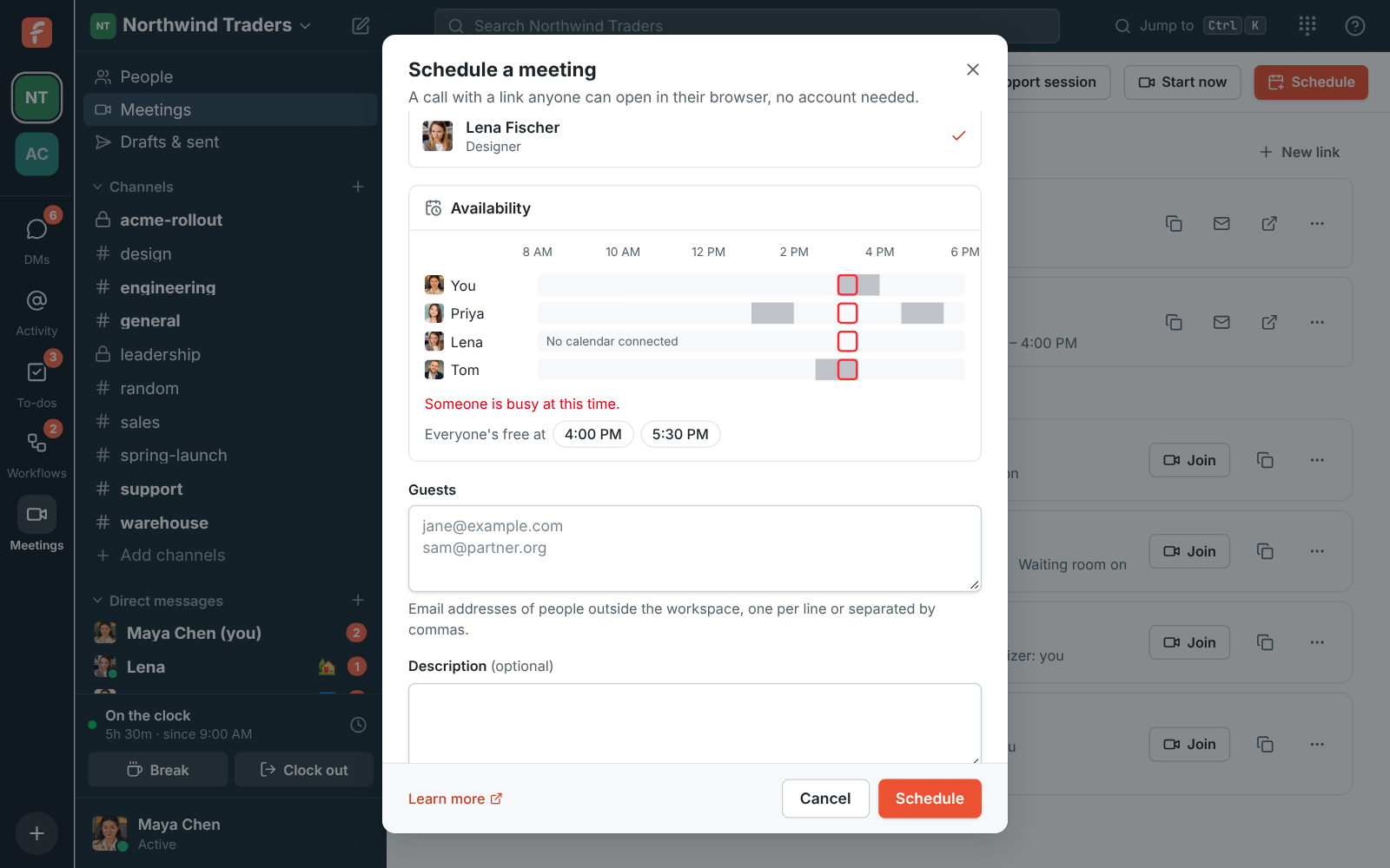 Availability in the Schedule a meeting dialog: busy times for each person