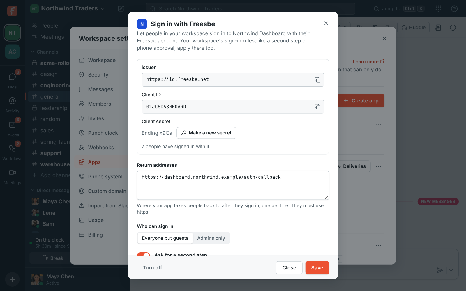 Sign in with Freesbe for the Northwind Dashboard app: issuer, client ID, client secret, return address and options
