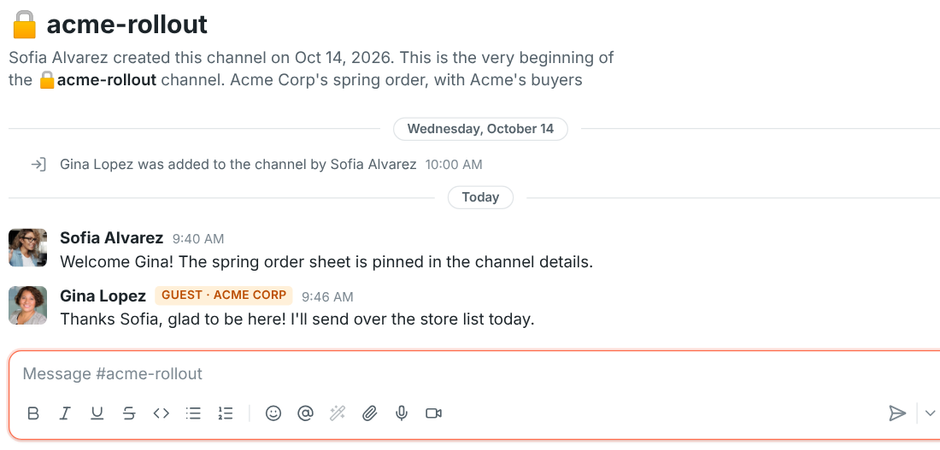 A shared channel with a message from someone marked Guest